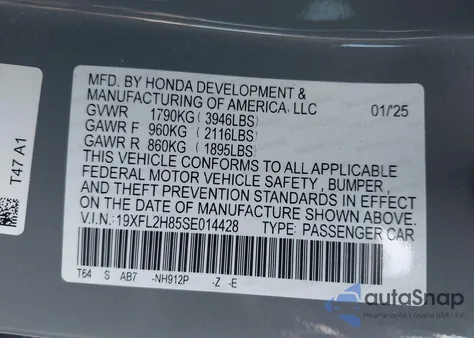 2025 Honda Civic Sport z USA, uszkodzony, nr VIN 19XFL2H85SE014428